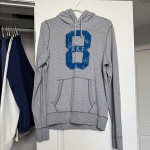 Abercrombie & Fitch Gray Hoodie with Blue '8' Graphic